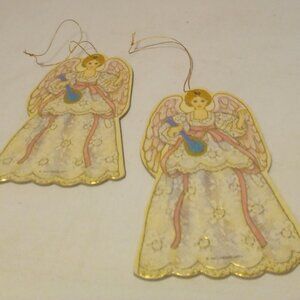 Angel Christmas Ornament 2 Die Cut Cardboard Vintage 1991 Gibson 4.5" Gold Pink